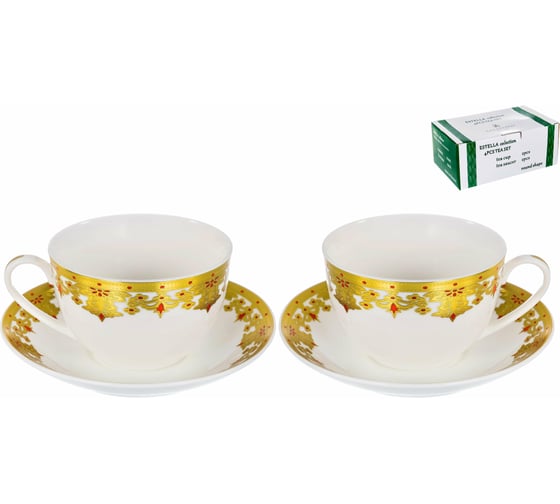 Чайный набор Balsford NEW BONE CHINA (4) 2 чашки 240 мл + 2 блюдца, цветной дизайн с золотом, подарочная упаковка 123-16009