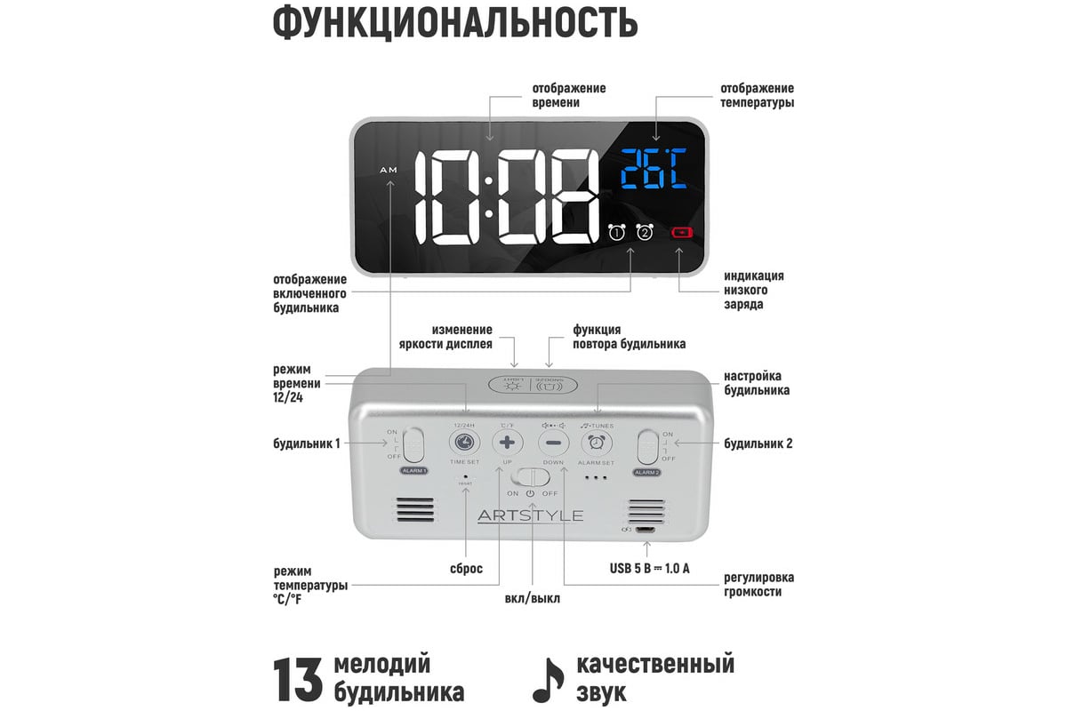 Электронные часы с будильником Artstyle CL-S80WBL - выгодная цена .