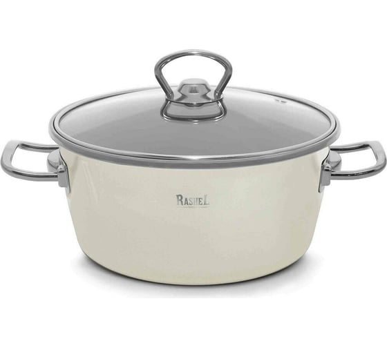 Кастрюля RASHEL 3.5 л, эмалированная, со стеклянной крышкой, ручка хром, кремовая R9022