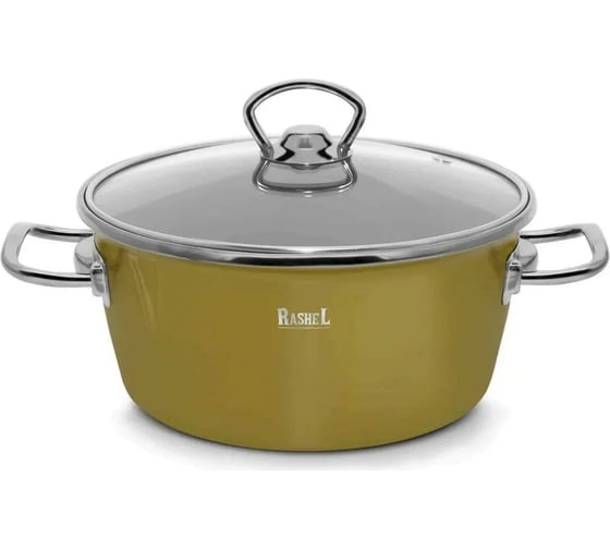 Кастрюля RASHEL 3.5 л, эмалированная, со стеклянной крышкой, ручка хром, оливковая R6022