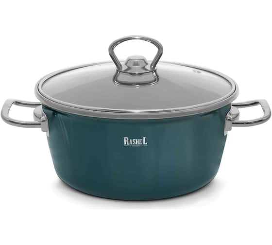 Кастрюля RASHEL 4.5 л, эмалированная, со стеклянной крышкой, ручка хром, зелёная R4024