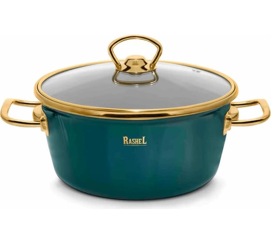 Кастрюля RASHEL 4.5 л, эмалированная, со стеклянной крышкой, ручка золото, зелёная R0424 1