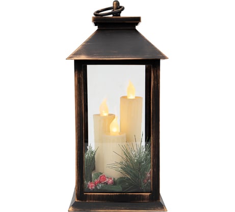 Декоративный фонарь со свечкой и шишкой Neon-Night бронзовый корпус, 27 см, теплый белый 513-048