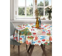 Круглая тканевая скатерть на стол JOYARTY с рисунком "новогодние снеговики" 150х150 см rtcf01_419872_150x150