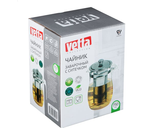 Заварочный чайник VETTA 750 мл с ситечком, нержавеющая сталь, стекло, полистирол 850-196