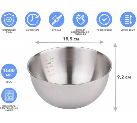 Миска PERFECTO LINEA Chef из нержавеющей стали 18.5 см с мерной шкалой 24-018592