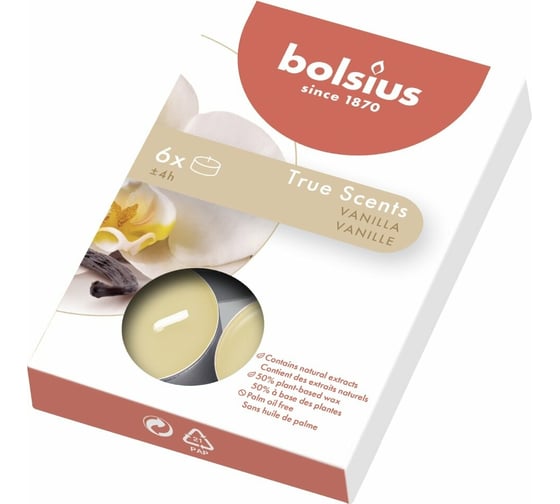 Чайные свечи Bolsius кор. 6 шт., 4 часа, ваниль 101926941575
