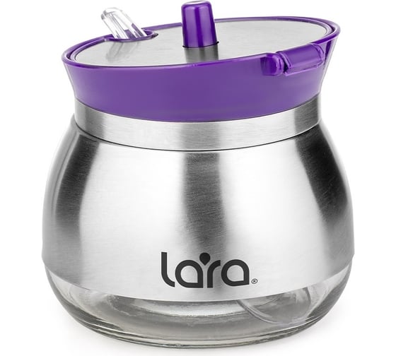 Сахарница с дозатором Lara фиолетовый, 300мл, ложечка в подарок, стекло, сталь LR08-34 Violet