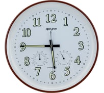 Круглые настенные часы Apeyron светящийся циферблат, термометр, гигрометр, коричневый, пластик, диаметр 34.1 см PL2207-263-3