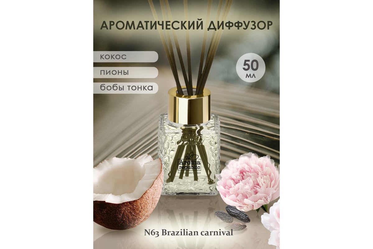 Ароматический диффузор в стеклянном флаконе Aroma republic №63 Brazilian  carnival, 50 мл 93817 - выгодная цена, отзывы, характеристики, фото -  купить в Москве и РФ