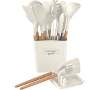 Набор силиконовых кухонных принадлежностей DASWERK с деревянными ручками 13 в 1, молочный 608196