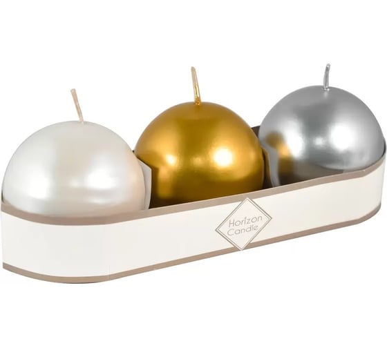 Свеча MIR LIGHT HorizonCandle шар, d 60 мм, 3 шт в упаковке, жемчужная, золотая, серебряная СС-269065 1