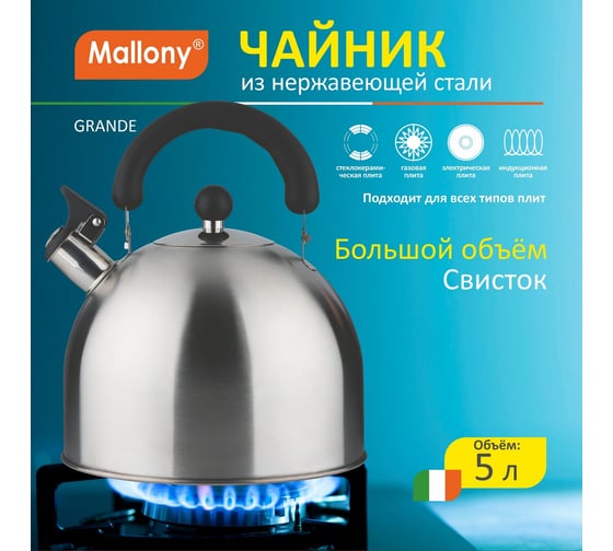 Чайник Mallony GRANDE объем 5 л, из нержавеющей стали со свистком, с бакелитовой ручкой, матовый 985619