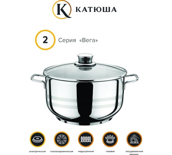 Кастрюля Катюша Вега нержавеющая сталь, 18х10 см, 2.2 л, стеклянная крышка 43020-18-0
