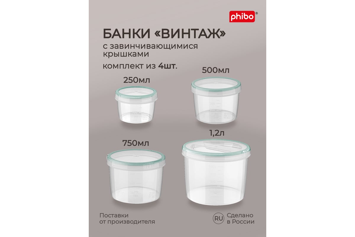 Набор банок для продуктов Phibo Винтаж 4 шт., 0.25 л, 0.5 л, 0.75 л, 1.2 л,  светло-голубой, с завинчивающейся крышкой 42314273122