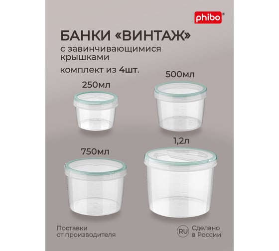 Набор банок для продуктов Phibo Винтаж 4 шт., 0.25 л, 0.5 л, 0.75 л, 1.2 л, светло-голубой, с завинчивающейся крышкой 42314273122