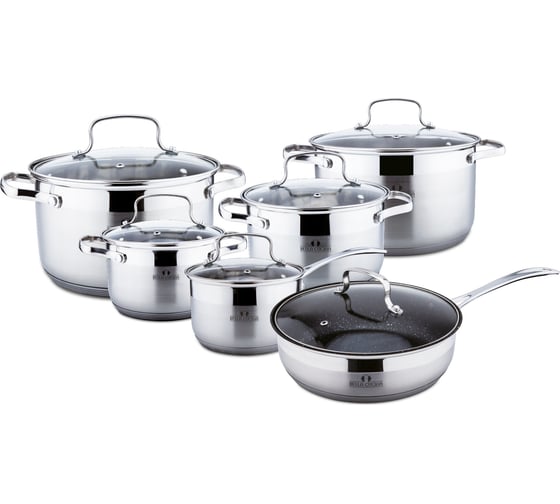 Набор посуды Bella Cucina BC-2115 12 предметов, 2.1 л, 2.9 л, 3.9 л, 6.6 л, ковш 2.1 л, сковорода 24 см, нержавеющая сталь 2115-BC