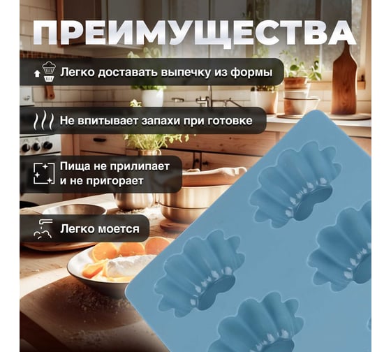 Форма для выпечки PERFECTO LINEA силиконовая, прямоугольная, на 6 кексов, 25.5x18x3 см, серо-голубая 20-107228