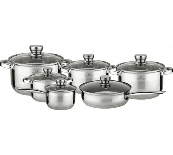 Набор посуды Bella Cucina BC-2048 12 предметов, 2.1 л, 2.9 л, 3.9 л, 6.6 л, ковш 2.1 л, сковорода 24 см, нержавеющая сталь 2048-BC