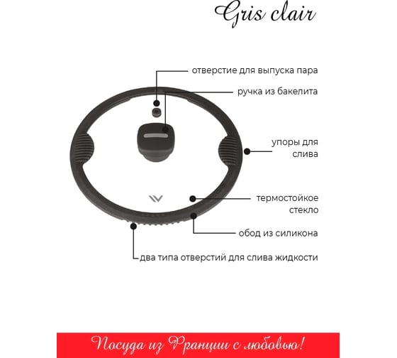 Крышка из термостойкого стекла с силиконовым ободом VENSAL gris clair 24 см VS4303