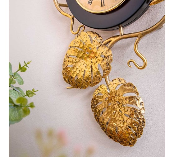 Интерьерные настенные часы BOGACHO Monstera Deliciosa mini коричневый, с декоративными элементами бронзового цвета 45027/коричневый