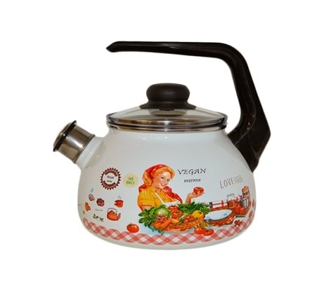 Сферический чайник СТАЛЬЭМАЛЬ Хозяюшка со свистком, 2 л, белоснежный 4с210я СП3919