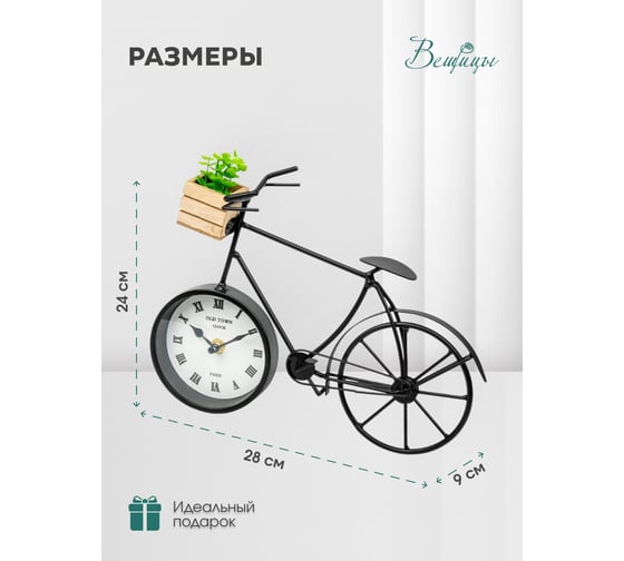 Часы Вещицы велосипед с суккулентом, 280х90х220, черный Fancy48
