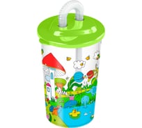 Стакан Пластишка с трубочкой и декором лесная сказка, 400 мл, зеленый 431317409