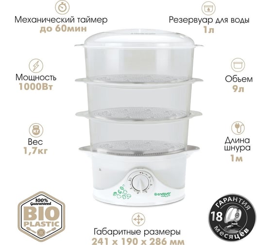Электрическая пароварка ENDEVER Vita-177 белый, мощность 1000 Вт, объем 9 л 90335