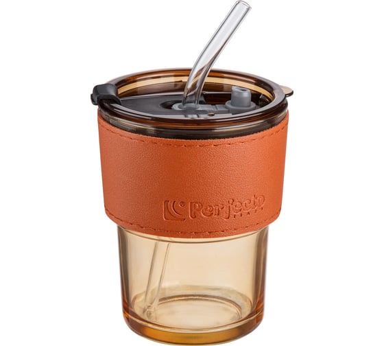 Стеклянный стакан с трубочкой и капхолдером PERFECTO LINEA 400 мл Amber 31-400200 1