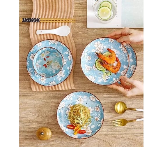 Набор тарелок ZDK Kitchen Japanese Collection, 4 шт, цвет голубой, диаметр 18 см Цветочки 371594-4