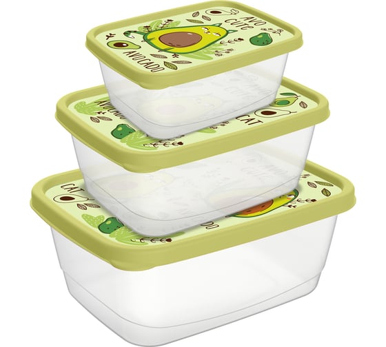 Комплект контейнеров для продуктов IDILAND прямоугольные 3 шт, 0.5 л + 0.85 л + 1.5 л с декором салатовый 221181820/04 1