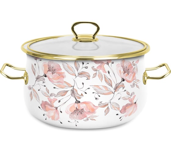 Эмалированная кастрюля OMS collection Розовые цветы, диаметр 16 см, 2.1 л, белый, цвет ручек золото 1003-PF-16-Gd 1