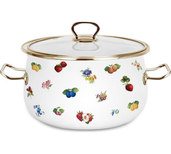 Эмалированная кастрюля OMS collection Ягоды, цветы, диаметр 18 см, 2,8 л, белый, цвет ручек золото 1002-AS-18-Gd 1