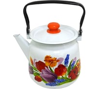 Эмалированный чайник Сибирские товары 3.5 л, декор тюльпан май, белый ПС13673