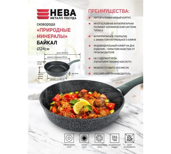 Сковорода нева металл посуда антипригарное покрытие литая 24 см Байкал 2524