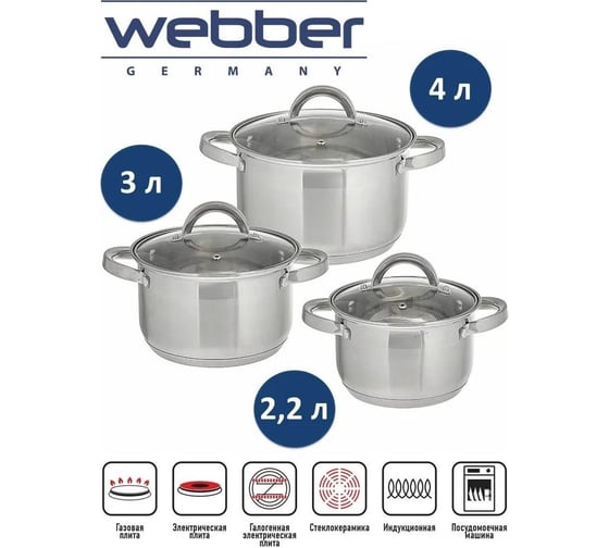Набор посуды Webber BE-627/6 из нержавеющей стали 6 предметов 2.2 л, 3.0 л, 4.0 л со стеклянными крышками 4 Р1-00017156
