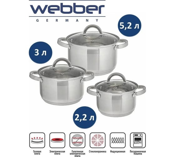 Набор посуды Webber BE-628/6 из нержавеющей стали 6 предметов 2.2 л, 3.0 л, 5.2 л со стеклянными крышками 4 Р1-00017157