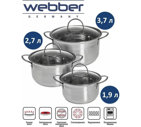 Набор посуды Webber BE-629/6 из нержавеющей стали 6 предметов 1.9 л, 2.7 л, 3.7 л со стеклянными крышками 4 Р1-00017164