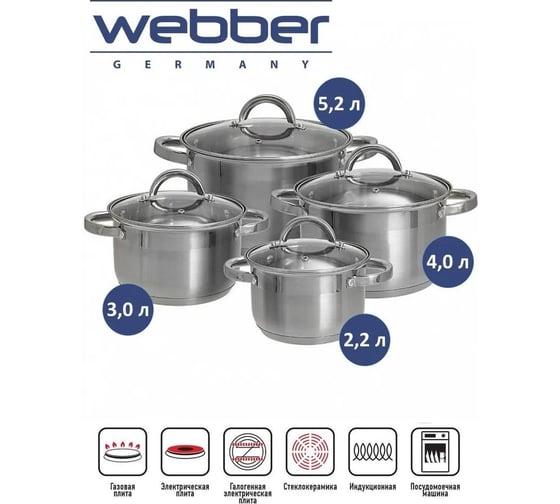 Набор посуды Webber BE-630/8 из нержавеющей стали 8 предметов 2.2 л, 3.0 л, 4.0 л, 5.2 л со стеклянными крышками 2 Р1-00017165