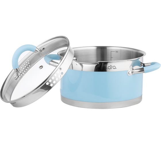 Кастрюля Lara серия SKY BLUE нержавеющая сталь, 9x16 см, 1.7 л, стальные ручки, капсул индукционное дно, слив крышка LR02-440