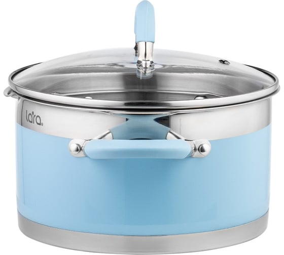 Кастрюля Lara серия SKY BLUE нержавеющая сталь, 9x16 см, 1.7 л, стальные ручки, капсул индукционное дно, слив крышка LR02-440
