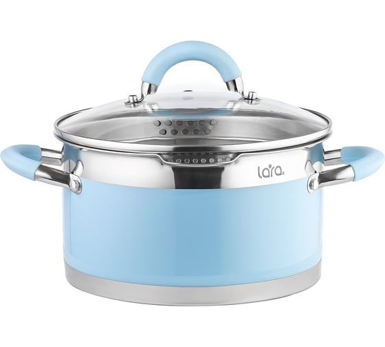 Кастрюля Lara серия SKY BLUE нержавеющая сталь, 9x16 см, 1.7 л, стальные ручки, капсул индукционное дно, слив крышка LR02-440