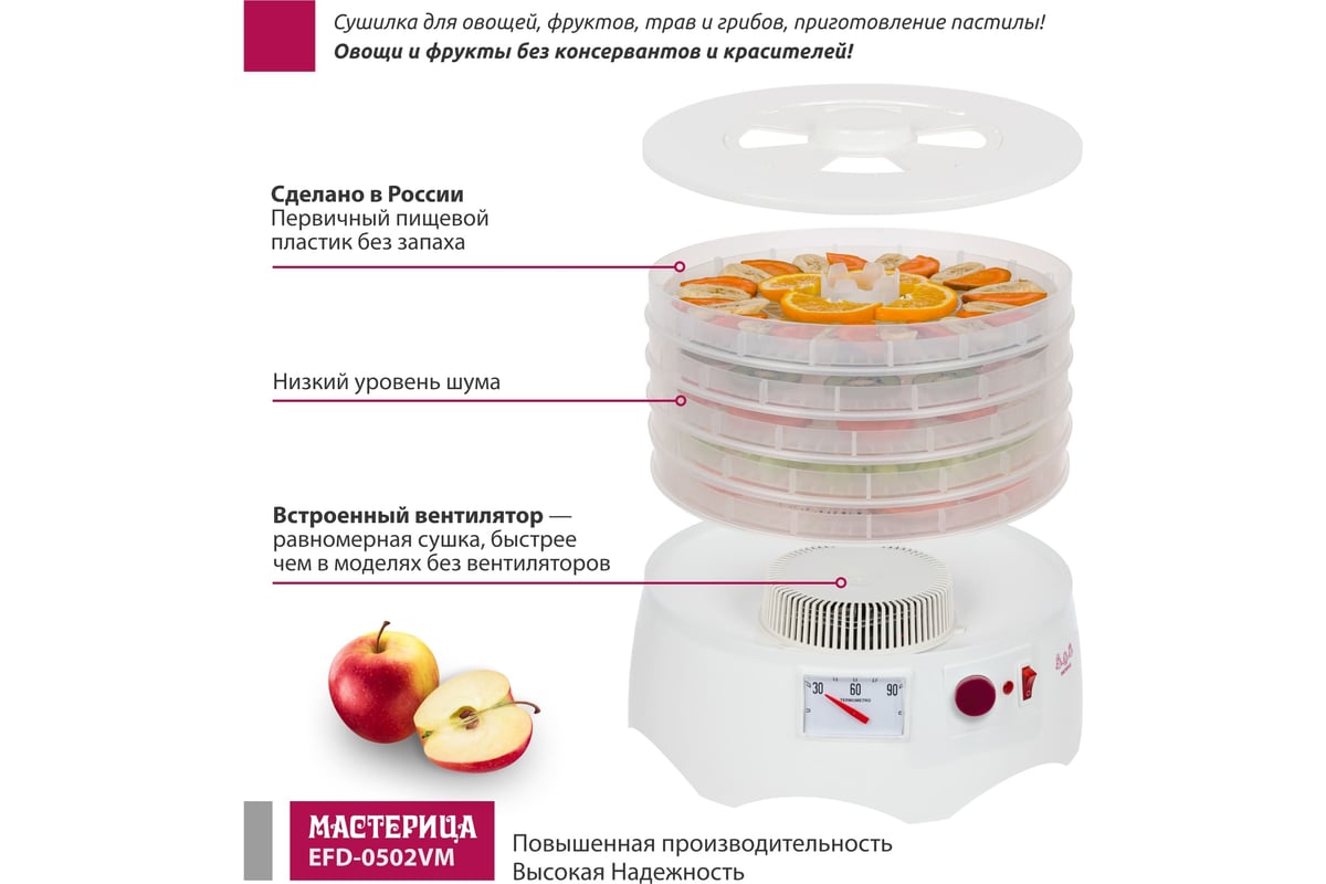 Сушилка для овощей и фруктов Мастерица efd-0502vm 5 прозрачных поддонов + 1  поддон для пастилы 00-00044764 - выгодная цена, отзывы, характеристики,  фото - купить в Москве и РФ