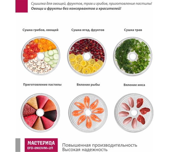 Сушилка для овощей и фруктов Мастерица efd-0903vm, 9 поддонов + 2 поддона д/пастилы и лопатка, 280 вт 00-00041375
