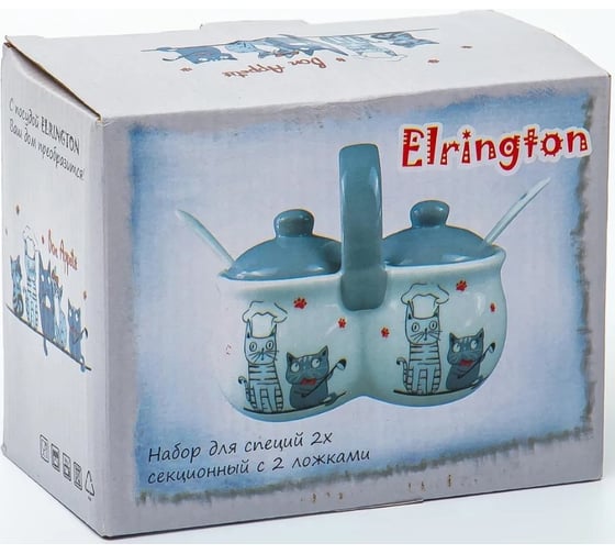 Набор для специй Elrington КОТЫ-ПОВАРЯТА 2-х секционный 250 мл с ложками и крышками, цветная упаковка 110-07144