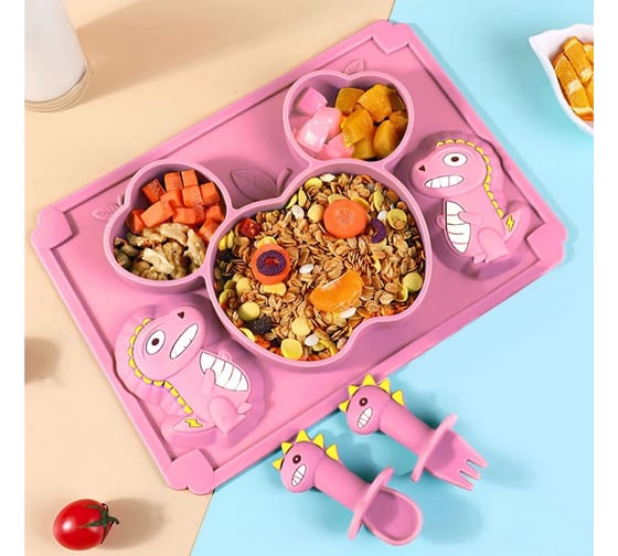 Силиконовая детская секционная тарелка Homium Animals, розовый, дракончик silplate02pink
