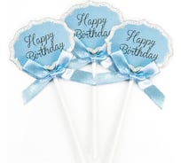Топперы Волна веселья Happy Birthday серебряный глиттер, голубой, с блестками, 5 шт 616006