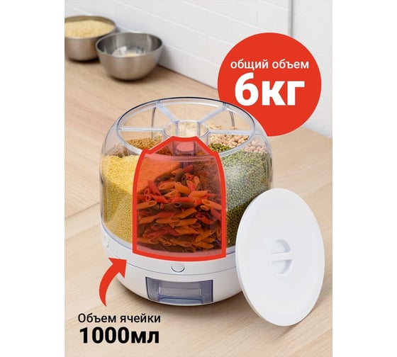 Диспенсер для круп SHINY KITCHEN вращающийся с дозатором, 6 кг A8711