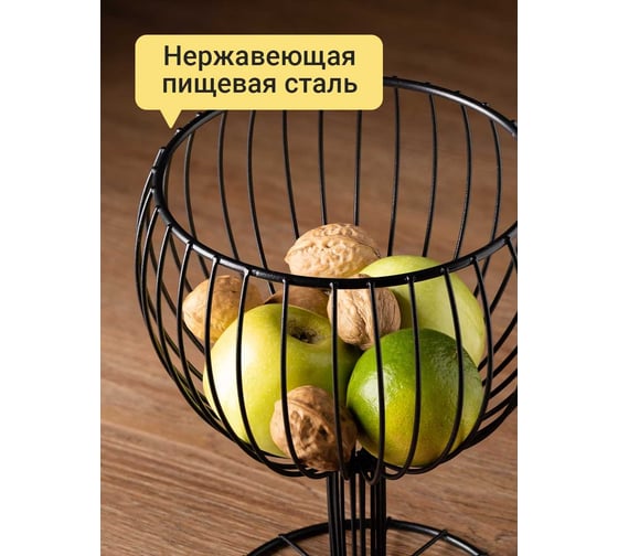 Фруктовница металлическая, ваза для фруктов на ножке, чаша под фрукты, черная SHINY KITCHEN J0074
